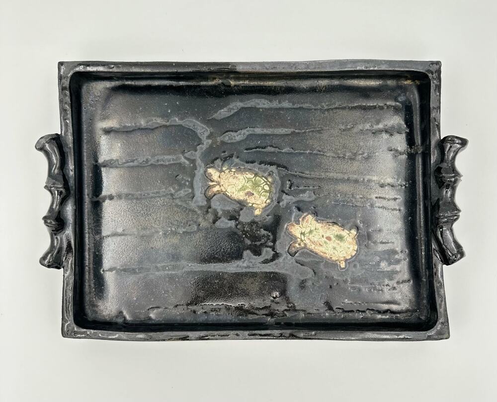 Vintage Studio Art Pottery Tray Turtle Motif Bamboo Handles Drip Glaze